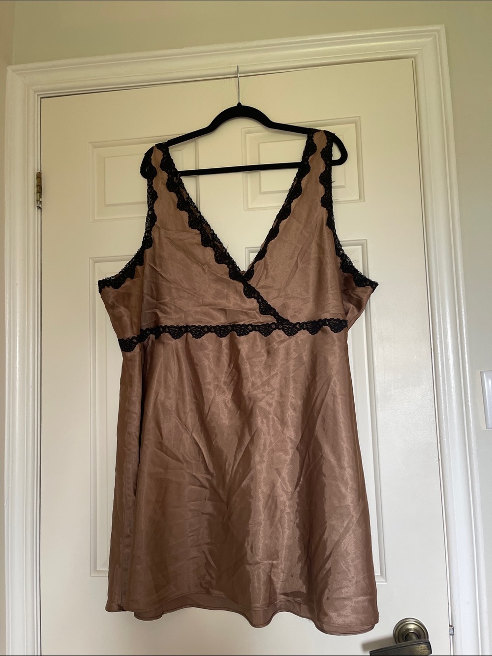 Women's Brown Satin Lace-Trim Chemise - Black Trim